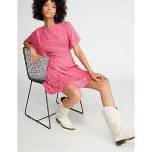 NWT Free People Pink Lace Back Ruffled Sleeve Smock Style Mini Dress Small